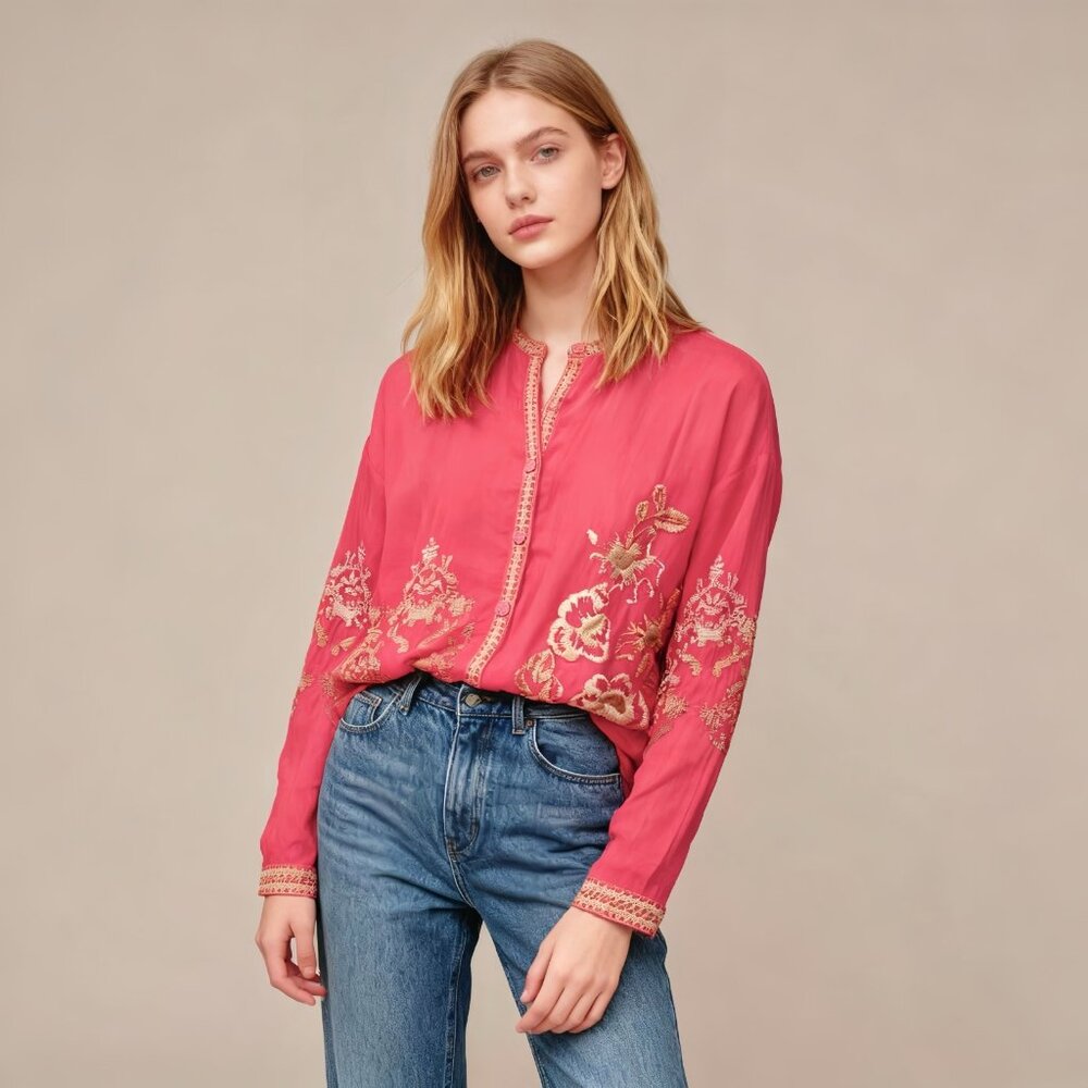 $328 NWOT Johnny Was AUDREY MANDARIN Floral Embroidered Blouse Top Size L Pink